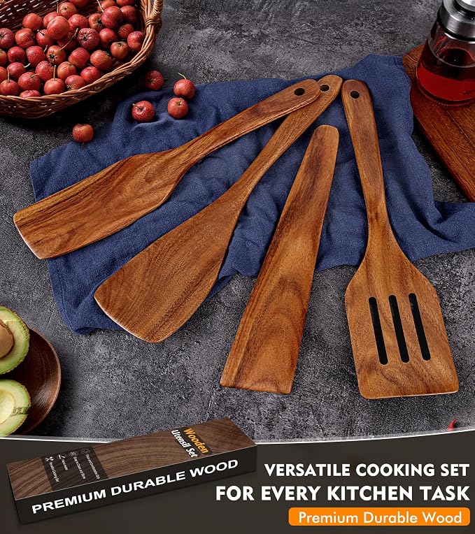 4Pcs Wooden Spatula for Cooking, Acacia Wooden Spatula for Kitchen Use, Nonstick Cookware Safe Utensils Set including Turner, Slotted Turner, Paddle and Scraper, Ideal Cooking Utensils Gift Set
