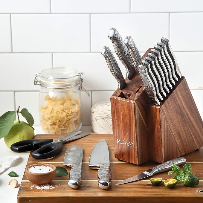 McCook® Knife Sets,Full Tang Hammered German Stainless Steel Kitchen Knife Set, 17 Piece Knives, Razor-Sharp, Forged Triple Rivet, Ergonomic Handle,Elegant Box for Gift