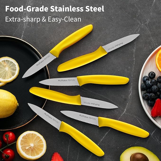 Stainless Steel Paring Knife With Serrated Blade, 6 Pieces Set Vegetable and Fruit Knife, Ultra Sharp Small Kitchen Knife, Yellow Paring Knives with PP Plastic Ergonomic Handle.