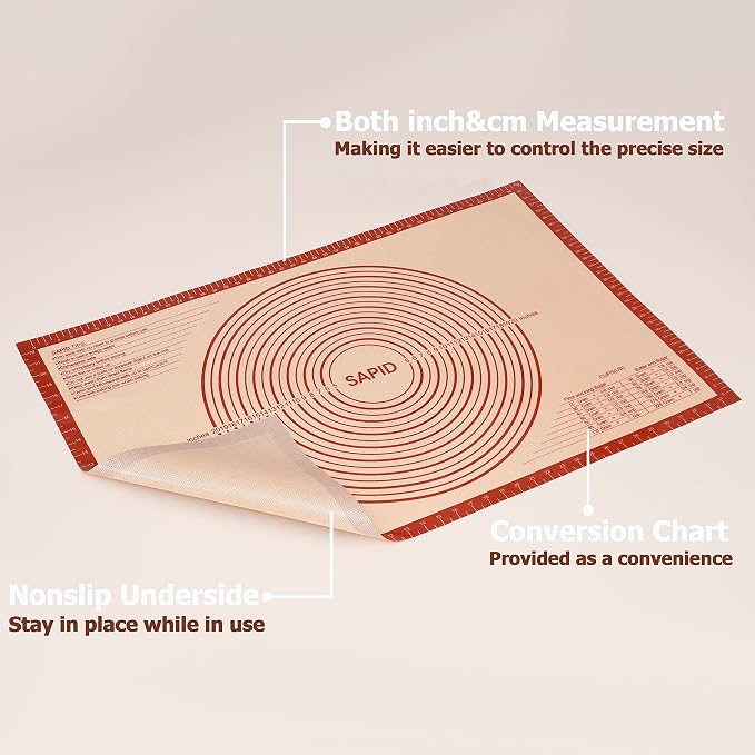 Sapid Thick Silicone Pastry Mat Baking Dough Rolling Extra Large 24" x 36" | Non-slip with Measurements for Non-stick Dough Rolling, Pie Crust, Kneading Mats, Countertop, Placement Mats (Red)