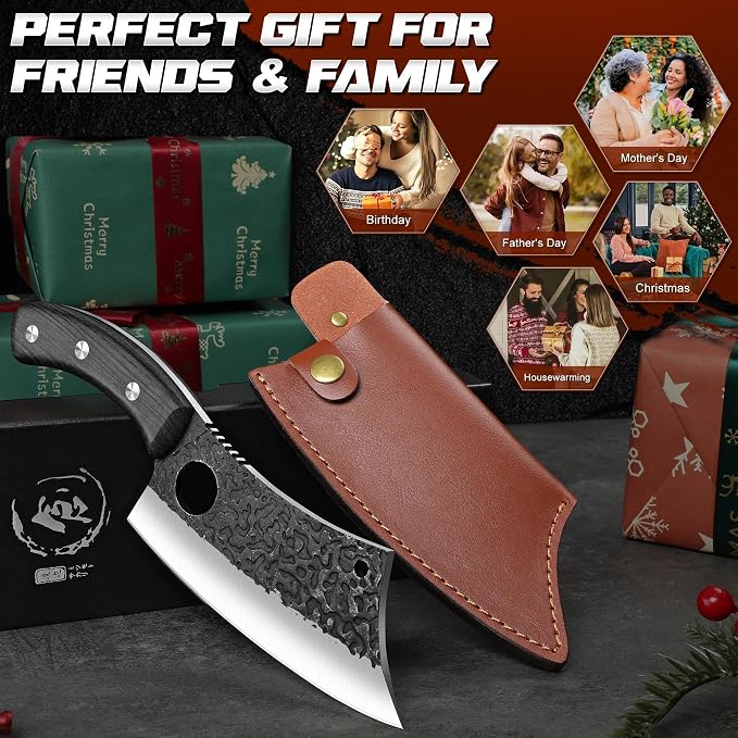 ROCOCO Meat Cleaver Butcher Knife - Full Tang Knife & Sheath Gift Idea Men | Sharp Hand forged Knife for Home Outdoor BBQ Camping Mother Father Gift Idea Men Black 6.3"
