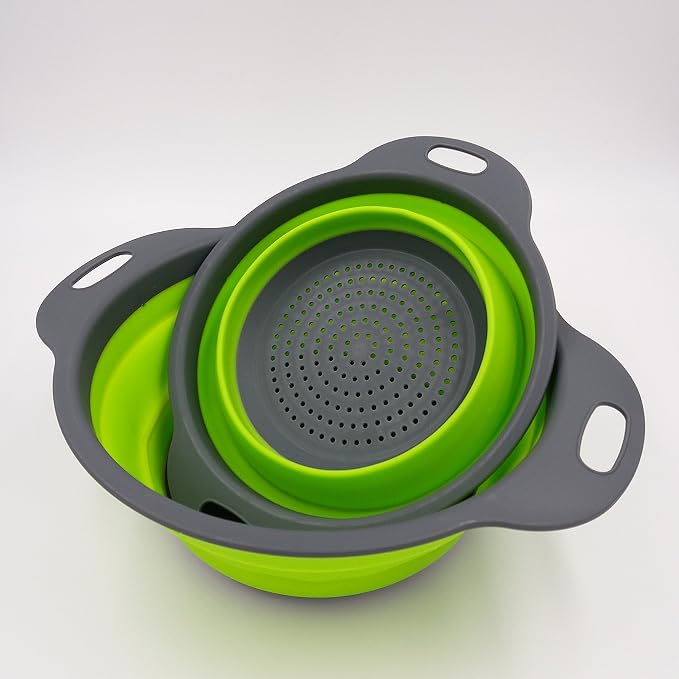 2 Collapsible Colander Mixing Bowl Strainer and Colander Set Silicone Colander Bowls Use for Draining Fruits Vegetables and Pastas by Bellagione (Green)