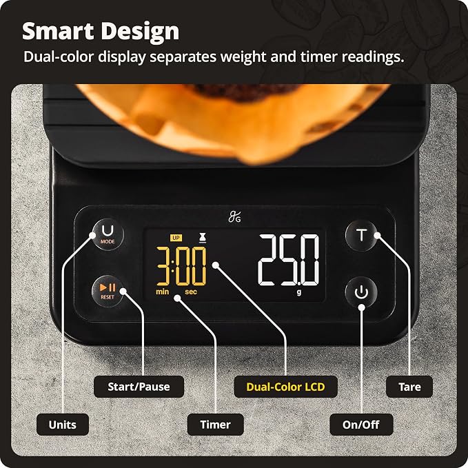 Greater Goods Coffee Scale with Timer, 0.1g Precision for Espresso & Matcha | Digital Pour-Over Scale with Waterproof Silicone Cover, Backlit Display & 6.6lb Capacity for Chemex, V60, Drip (Onyx Black)