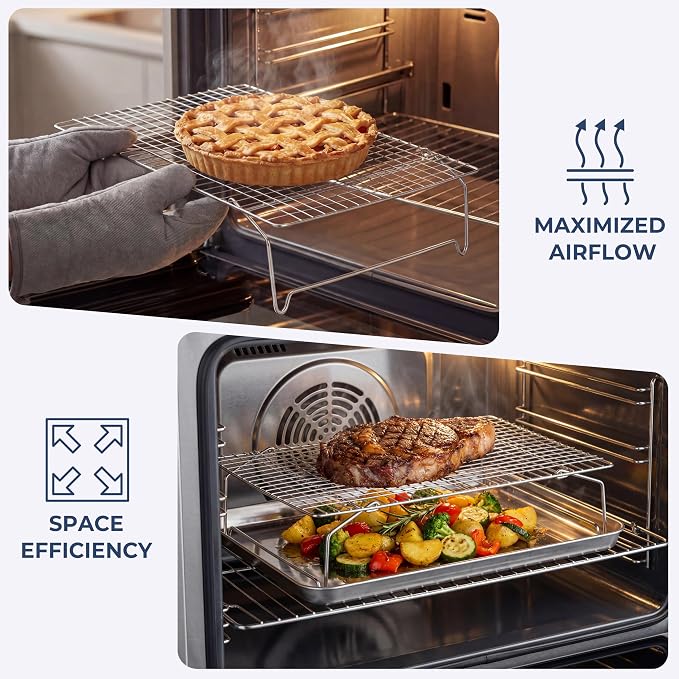 E-far Cooling Rack 15”x10”, 4-Tier Collapsible for Cooking and Baking | Tight-Wire Stainless Steel Cookie Rack for Baking Sheet, Oven, Roasting, Stackable & Space Saving, Dishwasher Safe