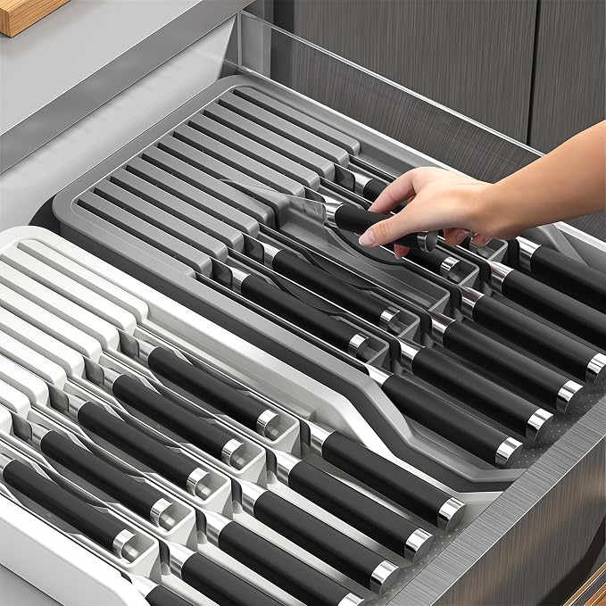 RIIPOO Expandable Drawer Knife Organizer, Adjustable Kitchen In-Drawer Knife Block Holder