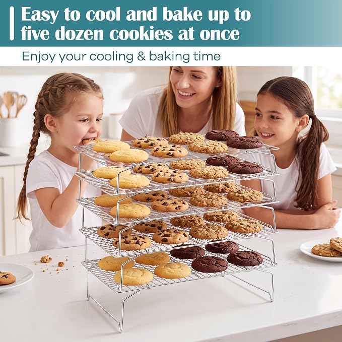 P&P CHEF 5 Tier Stackable Cooling Racks for Cooking and Baking, 15" x 10" | Stainless Steel Stackable Grid Cooling Rack for Cooling Roasting Grilling, Collapsible & Heavy Duty, Oven & Dishwasher Safe