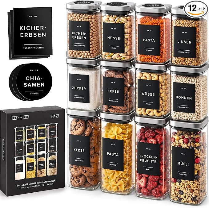 Glass Pantry Storage Jars Containers with Stainless Steel Lids and Labels | 12 Pack Extra Thick Square Glass Canisters with Stainless Steel Lids and Pantry Labels keeps Goods Fresh & Organized