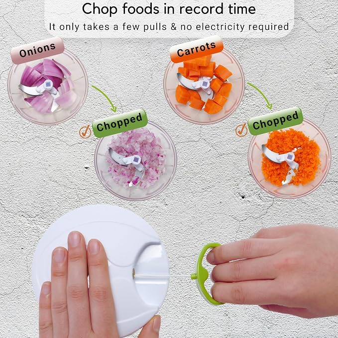 Brieftons Manual Food Chopper, Compact & Powerful Hand Pull Chopper Blender to Chop Onion, Garlic, Vegetables, Fruits, Herbs for Salsa, Salad, Pesto, Hummus, Coleslaw, Puree, Indian Cooking