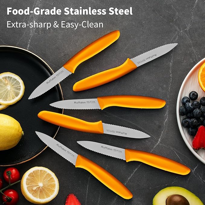 Stainless Steel Paring Knife With Serrated Blade, 6 Pieces Set Vegetable and Fruit Knife, Ultra Sharp Small Kitchen Knife, Orange Paring Knives with PP Plastic Ergonomic Handle.