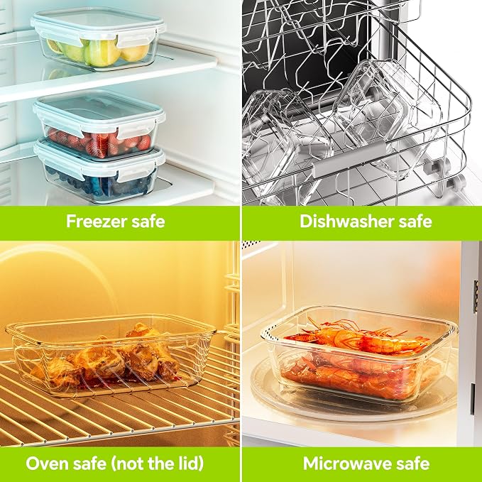 3-Pack 35 oz Borosilicate Glass Food Storage Containers with Lids, Stackable Airtight Glass Meal Prep Containers for Lunch & Leftover, BPA-Free & Leak Proof, for Microwave, Oven, Dishwasher