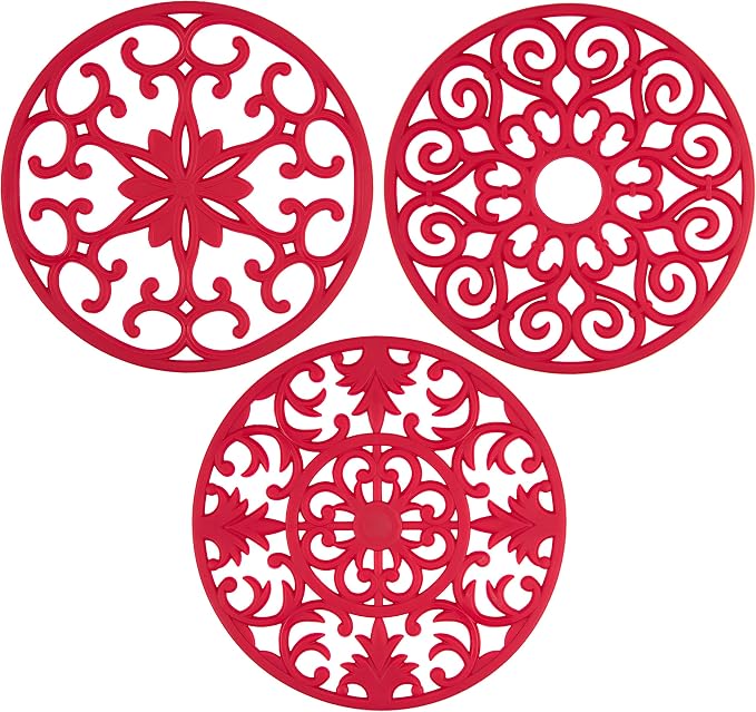GASARE, Extra Large, Thick, 10" Silicone Trivets for Hot Dishes, Pots, and Pans, Hot Pads for Countertops, Flexible, Dishwasher Safe, 10 x ¼ Inches, Set of 3, Red