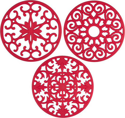 GASARE, Extra Large, Thick, 10" Silicone Trivets for Hot Dishes, Pots, and Pans, Hot Pads for Countertops, Flexible, Dishwasher Safe, 10 x ¼ Inches, Set of 3, Red