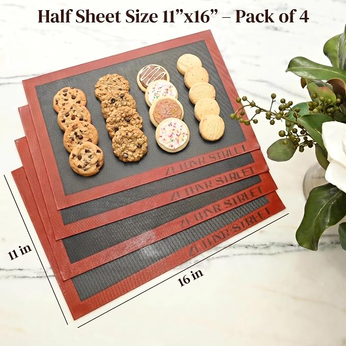 Perforated Silicone Baking Mats - Eclair Mat, Half Sheet 11x16in, Pack of 4 | Eclair Silicone Baking Mat, Nonstick Reusable Breathable Air Mat, Heat Resistant, For Pizza, Pastry, Pie Crust, Sugar Cookie