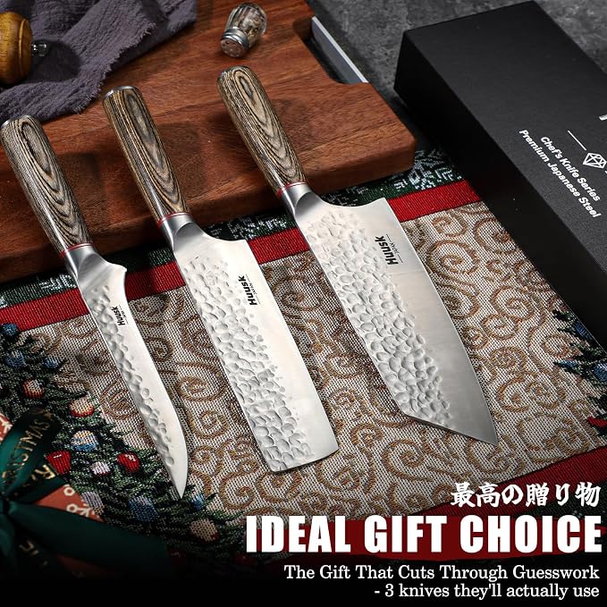 Huusk Kitchen Knife Set of 3 - Japanese Nakiri Vegetable Knife, Meat Cleaver Boning Knife for Meat Cutting, Hand Forged Butcher Chef Knives Set for Kitchen Cooking, Gift Idea for Men Women