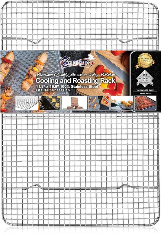 KITCHENATICS Half Sheet Wire Rack Rust Free Even Airflow 11.8 x 16.9 Inches | Fits inside a standard half sheet pan to lift food for even heat while baking, grilling or cooling