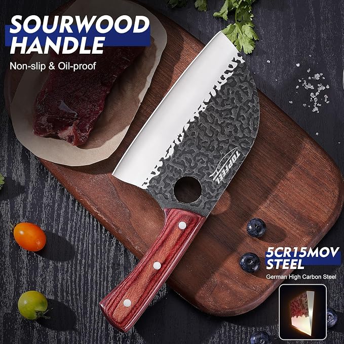6.8Inch Serbian Chef Knife- Meat Cleaver, Butcher Knife set with Leather Sheath and Whetstone, Kitchen Knives for Home, Camping, BBQ