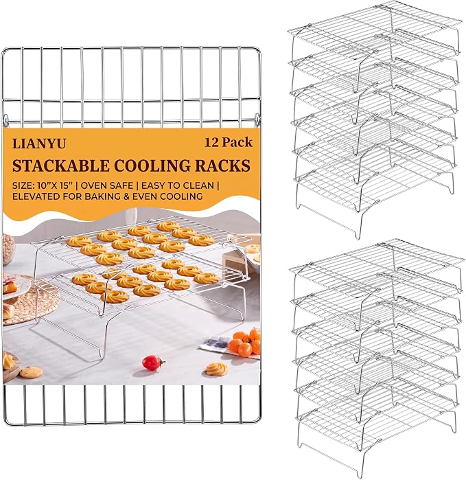 LIANYU 6-Tier Stackable Cooling Rack for Cooking & Baking, 10"x15", 2 Pack | Stainless Steel Collapsible Cooling Rack for Cookies, Cakes, Baking Wire Racks Fits Jelly Roll Pan, Oven & Dishwasher Safe