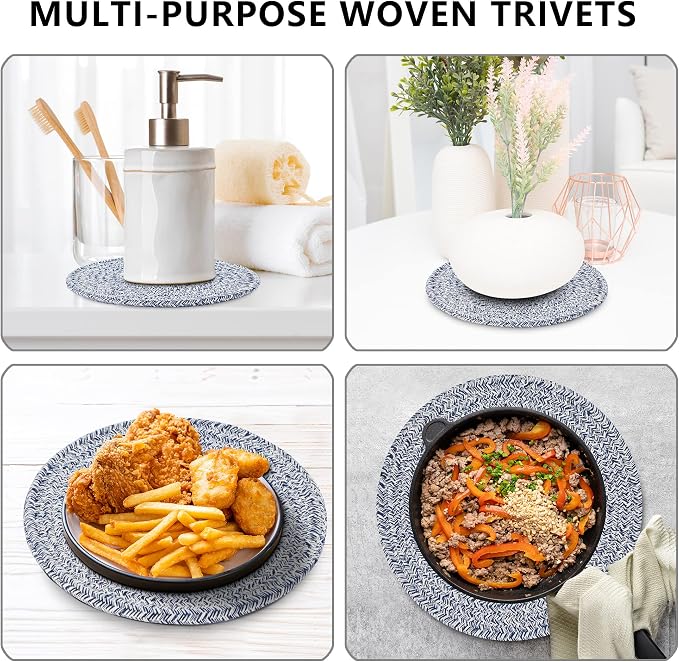 Coga Trivets for Hot Dishes, 5 Pack 7 Inch Cotton Hot Pads for Kitchen with Storage Basket, Round Pot Holders for Kitchen, Heat Resistant Mats for Countertop, Pots and Pans, Farmhouse Decor, Blue
