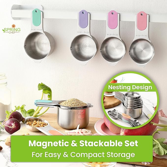 Spring Chef Magnetic Measuring Cups & Spoons Set of 16, Patented, Pastel | Stackable Stainless Steel Measuring Cups & Heavy Duty Metal Measuring Spoons with Levelers for Dry & Liquid Ingredients