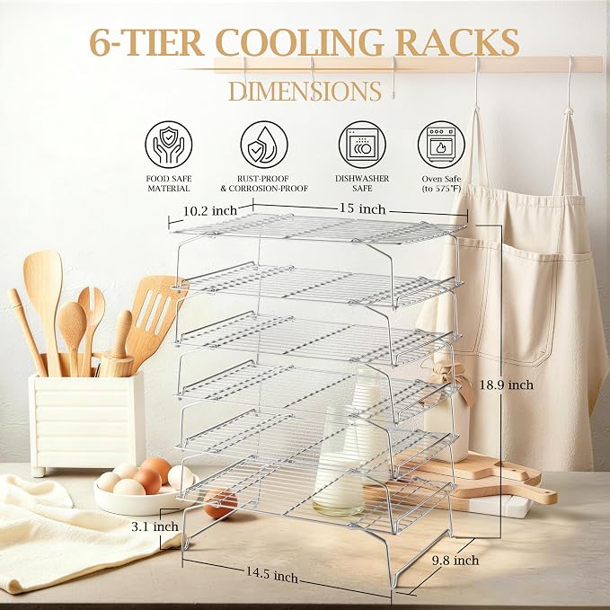 LIANYU Cooling Rack 15"x10", 6-Tier Stackable & Collapsible Stainless Steel Baking Wire Racks for Cooking, Baking, Roasting, Drying, Oven & Dishwasher Safe, Silver