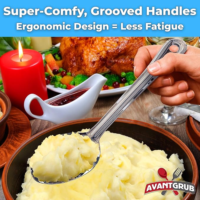 Super Strong, Ergonomic 11 in Serving Spoon 3 Pk. Big, Perforated Stainless Steel Spoons for Cooking, Baking and Basting. Best Kitchen Flatware for Buffet and Banquet Service in Restaurants and Homes