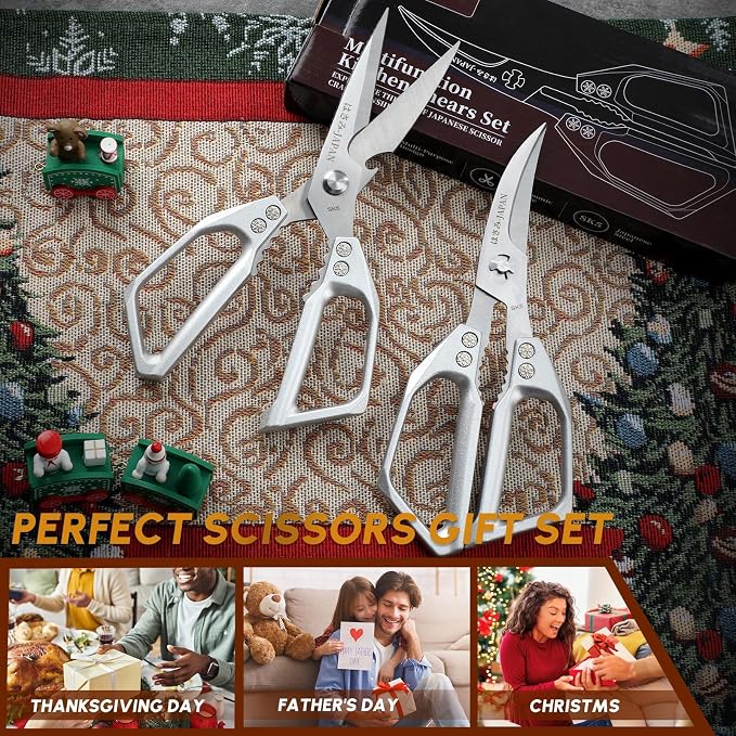 Huusk Kitchen Shears Set Silver - Professional Seafood & Kitchen Scissors Set, Sharp Japanese-Style Cooking Scissors for Crab, Shrimp, Lobster, Herbs and Food Prep, Gifts for Men Women
