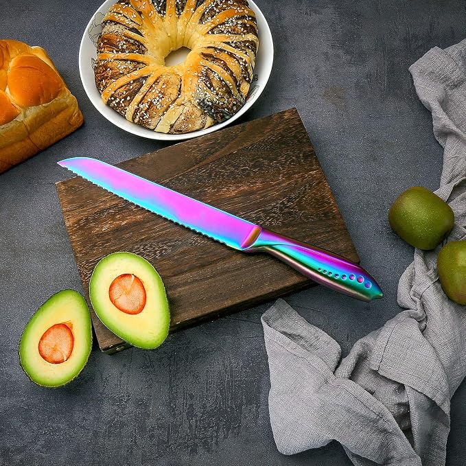 WELLSTAR Bread Knife 8 Inch, Serrated Bread Cutter, Ultra Sharp German Stainless Steel Blade and Comfortable Handle with Rainbow Titanium Coated for Slicing Breads Loaves Bagel Cake and Large Fruit