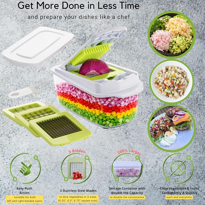 Brieftons QuickPush Food Chopper: 8-Cup Push-Down Onion & Vegetable Dicer, 3 German Steel Blades, BPA-Free Container with Keep-Fresh Lid and Cleaning Comb - Manual, Dishwasher Safe