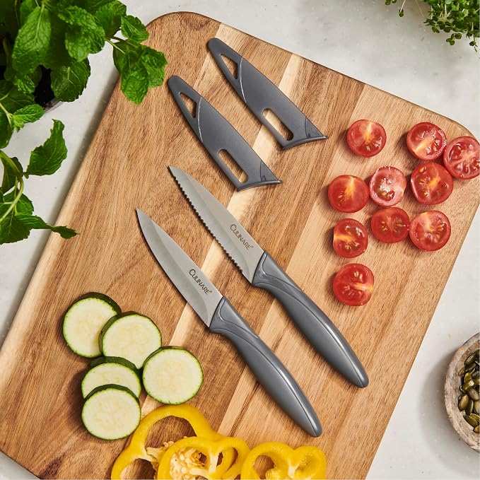 CULINARE 2 Piece Knife Set, Grey, Stainless Steel, 9cm Ultra Sharp Blades, 2 x Kitchen Knives with Protection Covers, Smooth Cutting/Firm Grip/Non-Slip Handle, Dishwasher Safe
