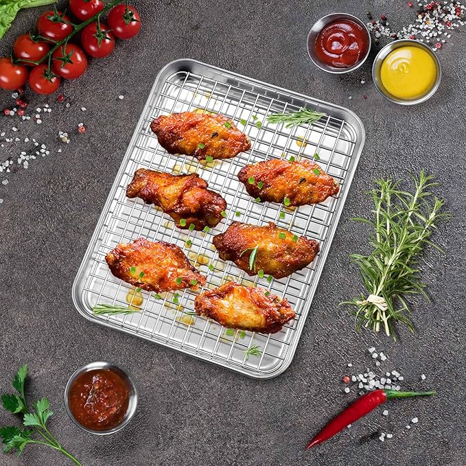 P&P CHEF 9 Inch Toaster Oven Pan Tray with Wire Rack, 4 PCS | Baking Sheet Pan + Cooling Rack for Cooking/Roasting, Dishwasher Safe & Rust Free, Non-toxic & Sturdy