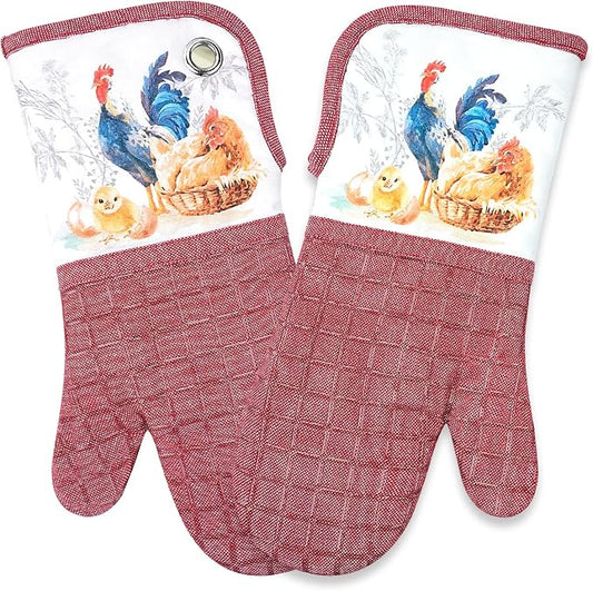 Silicone Printing Oven Mitts Heat Resistant to 500 Degree,Yarm-Dyed Oven Gloves with Animal Design Non-Slip for Kitchen Cooking Barbecue Baking and Machine Washable.(Red Oven Mitts)