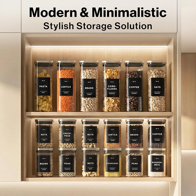 Glass Pantry Storage Jars Containers with Stainless Steel Lids and Labels | 12 Pack Extra Thick Square Glass Canisters with Stainless Steel Lids and Pantry Labels keeps Goods Fresh & Organized