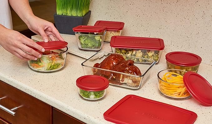 Anchor Hocking Classic Glass Food Storage Containers with Lids, Red, 16-Piece Set