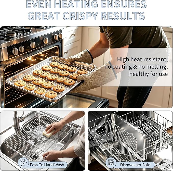 TeamFar Stainless Steel Baking Sheet with Rack Set, 20"x14"x1.2" | 2 Pans + 2 Racks, Cookie Sheet Baking Pan Tray with Cooling Rack for Cooking, Non-Toxic & Rust Proof, Dishwasher Safe