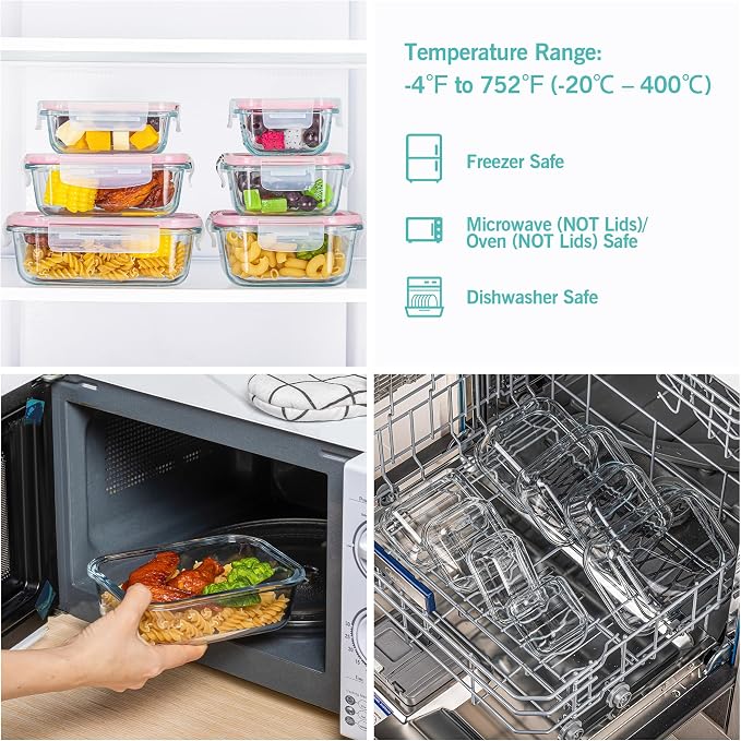 Vtopmart 8 Pack Glass Food Storage Containers with Airtight Lids | Meal Prep Lunch Containers, Leakproof, Leftover Storage, Take-out, Microwave, Oven, Freezer and Dishwasher Safe, BPA Free