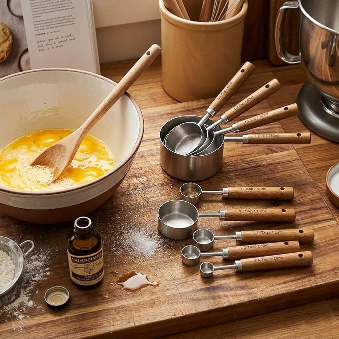 Measuring Cups and Spoons Set, Stainless Steel Metal measuring Cups with Wooden Handles, Great for Dry and Liquid Ingredients, Engraved Metric Markings, Nesting Design for Baking