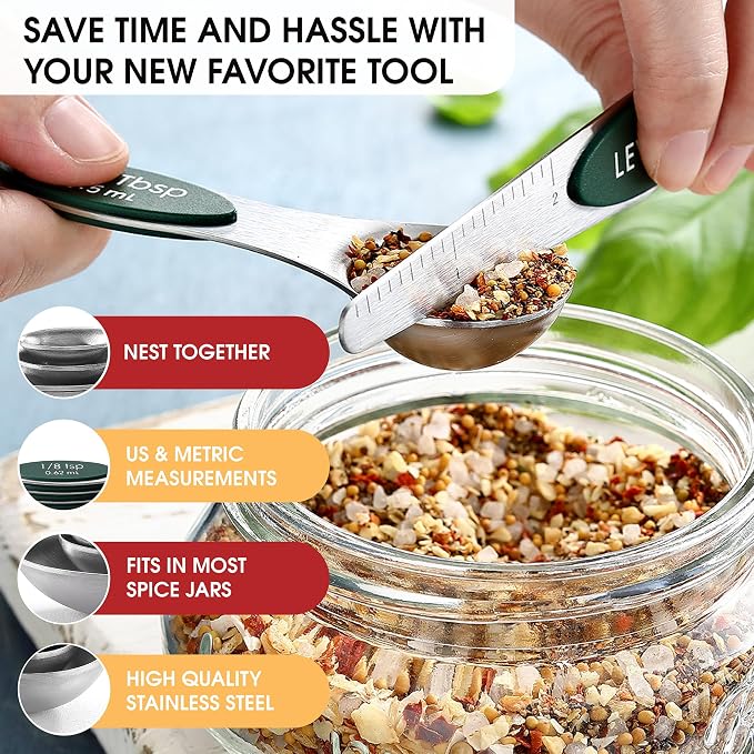 Spring Chef Stainless Steel Magnetic Measuring Spoons Set of 8 with Leveler, Stackable Magnetic Teaspoon & Tablespoon Set, Metal Kitchen Gadgets for Baking & Cooking, Fits in Spice Jars - Pine Green