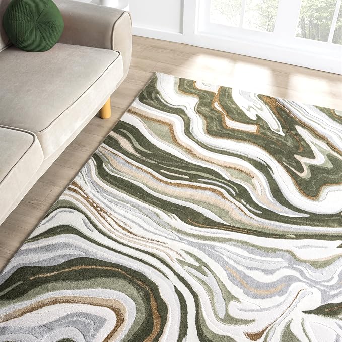 Abani Green Intertwined Lines Area Rug – 5' x 8' – Contemporary Swirl Design – Regal Collection – Washable, Easy to Clean – Durable for High Traffic Areas – Living Room, Bedroom & Office