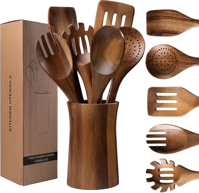 7 Piece Natural Acacia Wooden Kitchen Utensil Set with Holder - Wooden Spoons and fork for Cooking Comfort Grip Cooking Spoons, Spatulas, Strainer Spoon, Salad Fork, Mixing Spoon and Utensil Holder