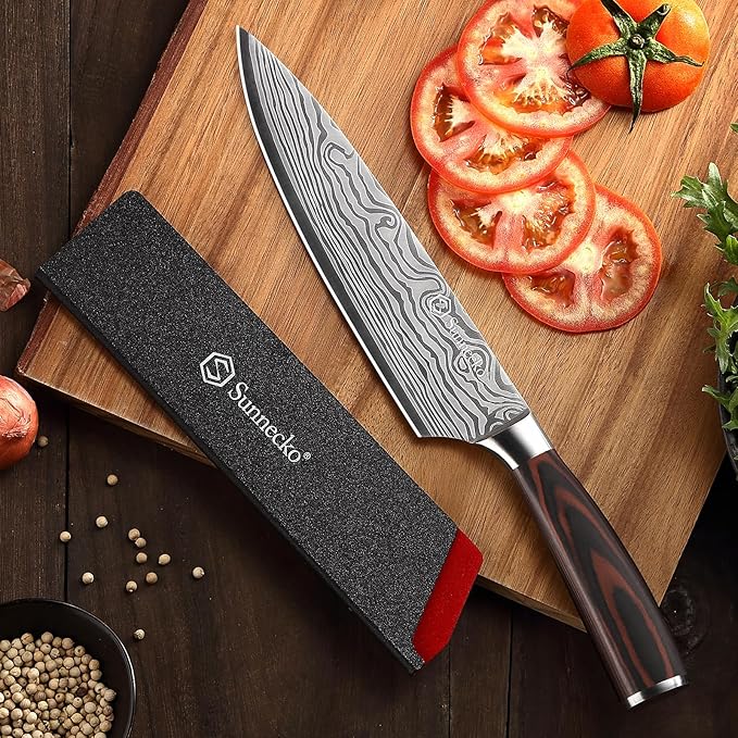 Sunnecko 8 Inch Chef Knife - Ultra Sharp 12-15 Degree Edge Kitchen Knife for Meat Vegetable Cutting Japanese Style, High Carbon Stainless Steel Blade, Pakkawood Handle &Sheath, Cooking Father Day Gift