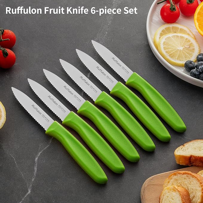 Stainless Steel Paring Knife With Serrated Blade, 6 Pieces Set Vegetable and Fruit Knife, Ultra Sharp Small Kitchen Knife,Green Paring Knives with PP Plastic Ergonomic Handle.