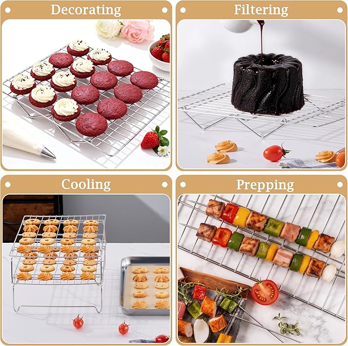 LIANYU Cooling Rack 15"x10", 6-Tier Stackable & Collapsible Stainless Steel Baking Wire Racks for Cooking, Baking, Roasting, Drying, Oven & Dishwasher Safe, Silver
