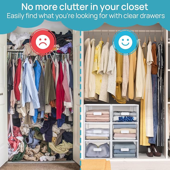 Vtopmart 4 Pack White Stackable Storage Drawers 15QT | Easily Assemble Closet Organizers,Plastic Storage Bins for Bathroom,Cabinet,Kitchen Pantry,Under Sink Organization(Medium)
