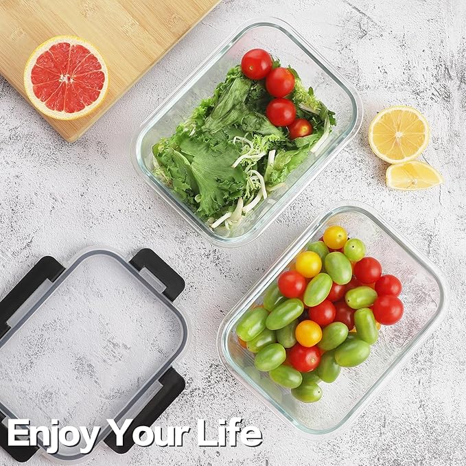 HOMBERKING 4 Pieces 63oz/8cup Large Glass Food Storage Containers with Lids, Meal Prep Containers, Airtight Bento Boxes with Leak Proof Locking (2 Containers + 2 Lids) - Microwave, Oven Safe