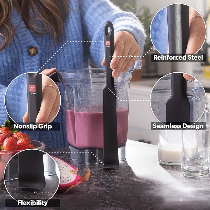 DI ORO Silicone Blender & Jar Spatulas - Heat Resistant Kitchen Utensil Set for Cooking, Mixing, Baking, & Scraping (2pc, Black)