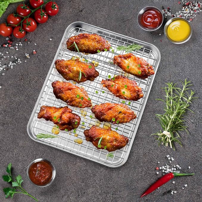 P&P CHEF 10.4 Inch Toaster Oven Pan Tray with Wire Rack, 2 PCS | Baking Sheet Pan + Cooling Rack for Cooking/Roasting, Dishwasher Safe & Rust Free, Non-toxic & Sturdy