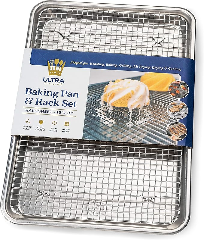 Aluminum Baking Sheet with Cooling Rack Set, 13'' x 18'' | 100% Stainless Steel Rack, Oven Safe, Half Sheet Size Pan, Durable Rimmed Sides, Easy Clean, Commercial Quality for Cooking
