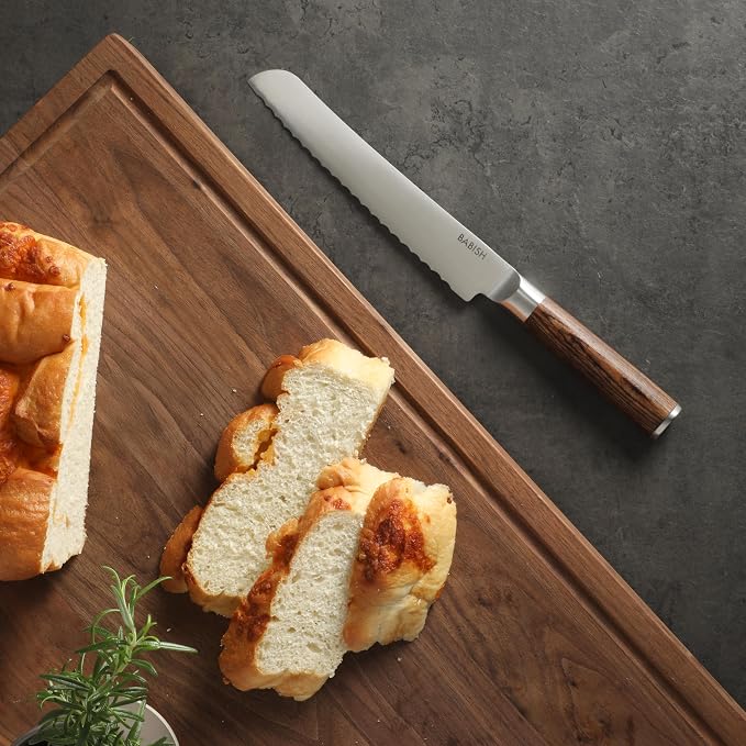 Babish 8-Inch Bread Knife – High-Carbon 1.4116 German Steel Serrated Knife with Dark Pakka Wood Handle, Full-Tang Razor Sharp Kitchen Knife for Slicing Bread, Crusting & Artisan Loaves
