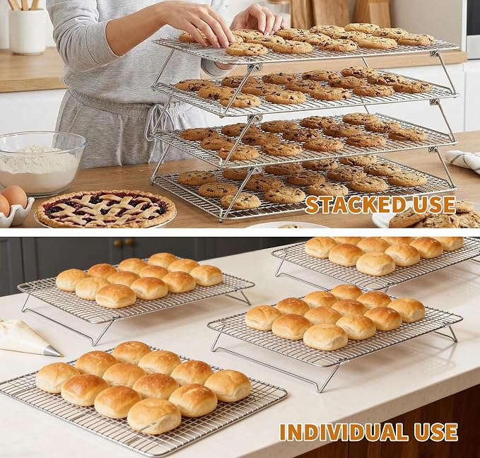 Sourdough Bread Cooling Rack, Oven Rack for Baking and Cooking Collapsible 12"x 16.5" for Half Sheet, Wire Rack Stackable Stainless Steel Rack for Cookie, Cake, Bacon and Jerky