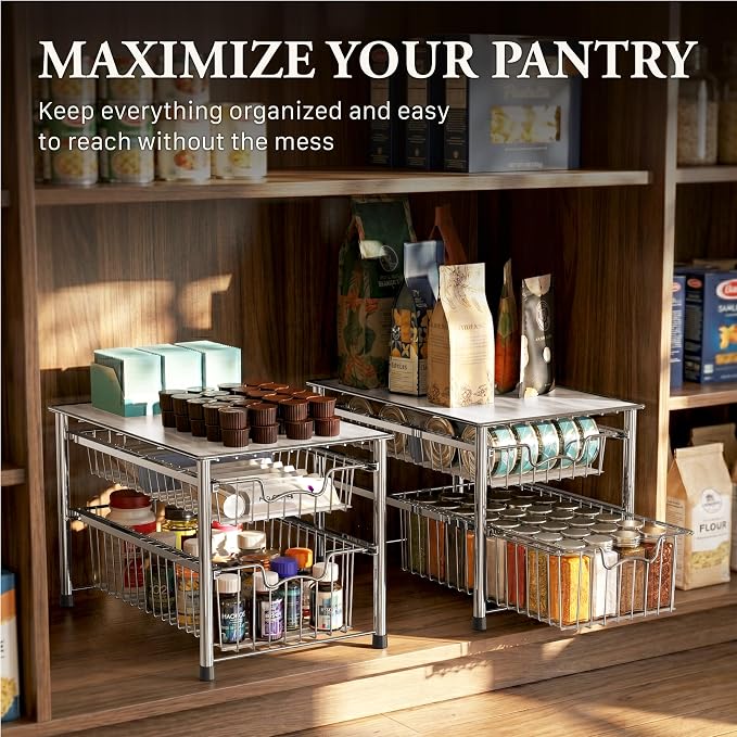 Simple Houseware Stackable 2 Tier Sliding Basket Organizer Drawer, Chrome